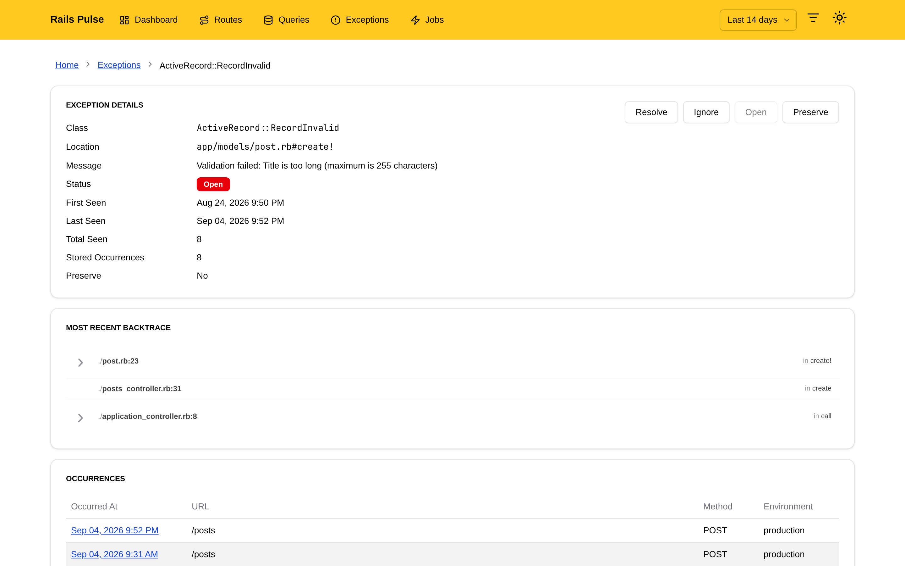 Exception detail page with backtrace and occurrences