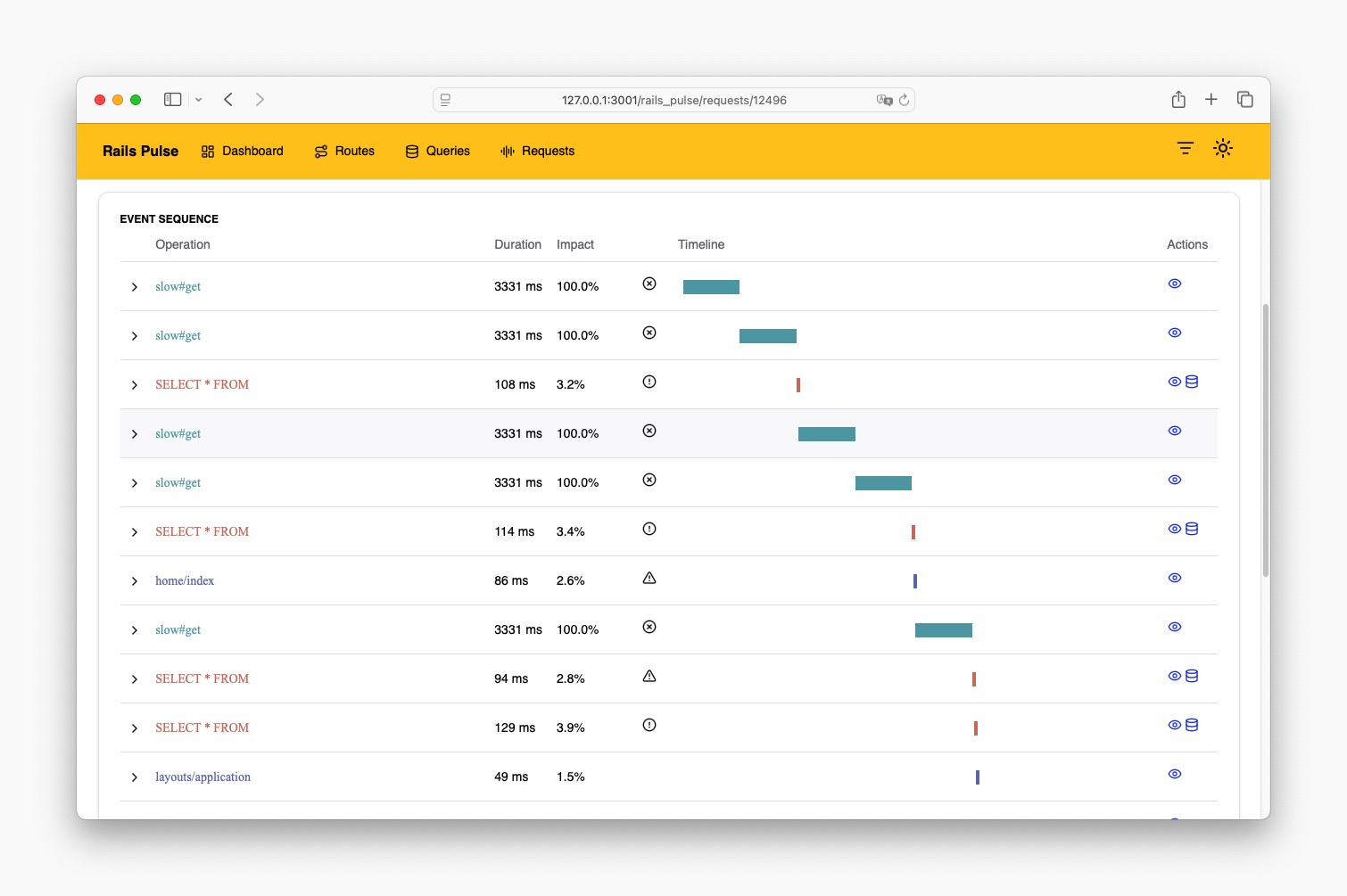 Rails Pulse interface showing request details
